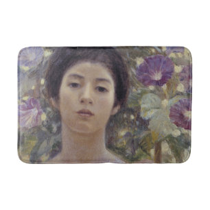 Japanse dame met paarse ochtendgloriebloemen badmat