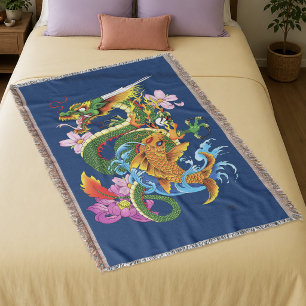 Japanse Draak Koi Lotus Mythische Aziatische Blauw Deken