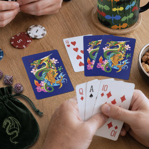 Japanse Draak Koi Lotus Mythische Aziatische Blauw Pokerkaarten
