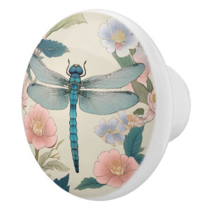 Japanse Dragonfly Art Pastel Groen & Roze Bloemen Keramische Knop