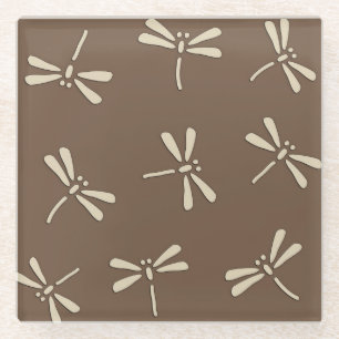 Japanse Dragonfly Patroon, Cream en Taupe Tan Glazen Onderzetter