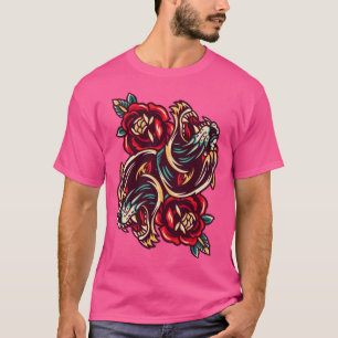 Japanse Duel Tigers Flowers Tattoo Art Style T-shirt