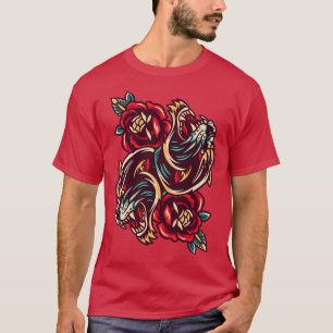 Japanse Duel Tigers Flowers Tattoo Art Style T-shirt