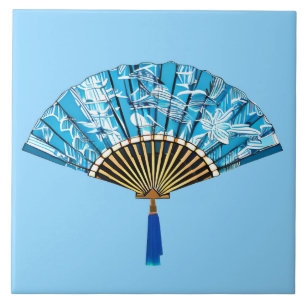 Japanse Fan in Turquoise Blauw en Wit Tegeltje