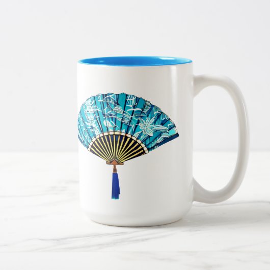 Japanse Fan in Turquoise Blauw en Wit Tweekleurige Koffiemok (Rechts)