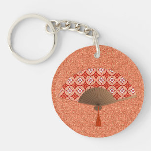 Japanse Fan, Shippo Motif, Mandarijns Oranje Keych Sleutelhanger