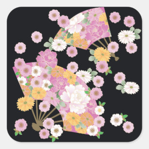 Japanse Floral Fan Vierkante Sticker