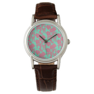 Japanse Floral print - Roze & Blauwgroen horloge