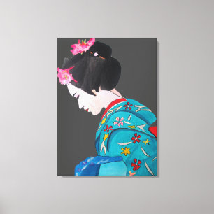 Japanse Geisha dame met kersenbloesem fijne kunst Canvas Afdruk