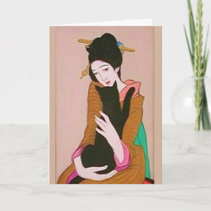 Japanse Geisha en Zwarte Kat Wenskaart Kaart