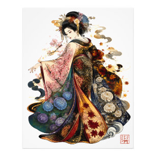Japanse Geisha Kunst Kimono en Seizoensbloemen Foto Afdruk