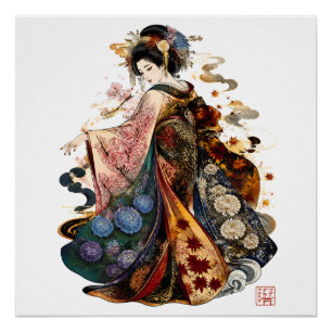 Japanse Geisha Kunst Kimono en Seizoensbloemen Perfect Poster
