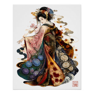 Japanse Geisha Kunst Kimono en Seizoensbloemen Perfect Poster