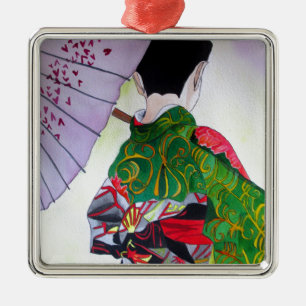 Japanse Geisha-kunst met kimono en paraplu Metalen Ornament