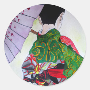 Japanse Geisha-kunst met kimono en paraplu Ronde Sticker