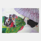 Japanse Geisha-kunst met kimono en paraplu Theedoek (Horizontaal)