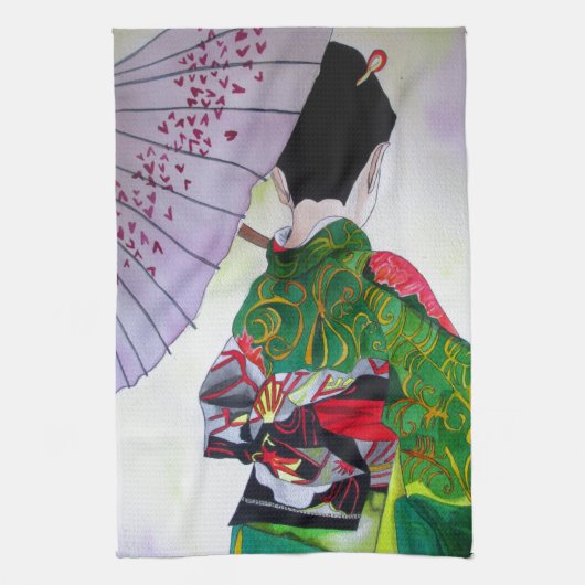 Japanse Geisha-kunst met kimono en paraplu Theedoek (Verticaal)