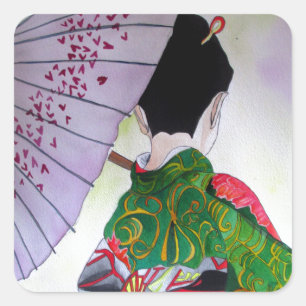 Japanse Geisha-kunst met kimono en paraplu Vierkante Sticker