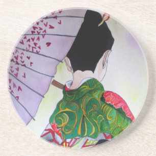 Japanse Geisha-kunst met kimono en paraplu Zandsteen Onderzetter