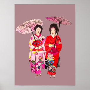 Japanse Geisha meisjes met paraplu originele kunst Poster