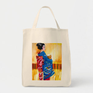 Japanse Geisha met blauwe kimono Tote Bag