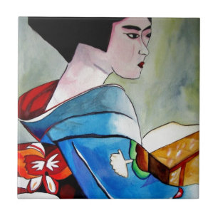 Japanse Geisha met Blue Kimono originele kunst Tegeltje