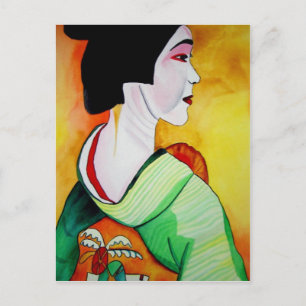 Japanse Geisha met groene kimono originele kunst Briefkaart