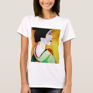 Japanse Geisha met groene kimono originele kunst T-shirt