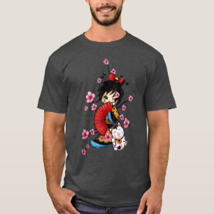 japanse geisha met Luckt maneki neko cat sakura T-shirt