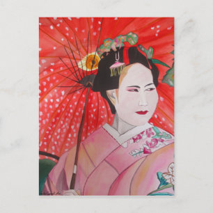 Japanse Geisha met rode paraplu originele kunst Briefkaart