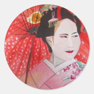Japanse Geisha met rode paraplu originele kunst Ronde Sticker