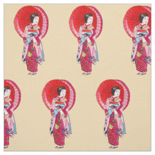 Japanse Geisha met rood kimono leuk art. Stof