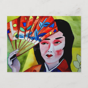 Japanse Geisha met waaier originele aquarel kunst Briefkaart