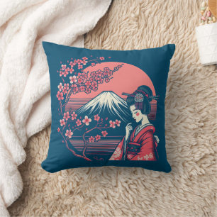 Japanse Geisha Mount Fuji Kersenbloesem Bomen Kussen