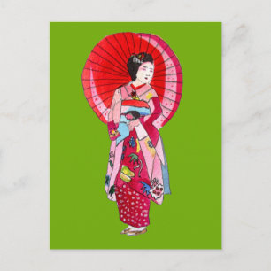Japanse Geisha rode kimono schattige kunst Briefkaart