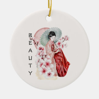Japanse Geisha-Waterverf met Kimono en Sakura Keramisch Ornament