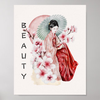 Japanse Geisha-Waterverf met Kimono en Sakura Poster