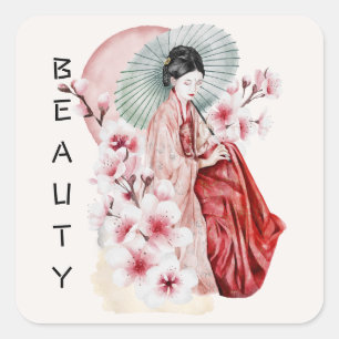 Japanse Geisha-Waterverf met Kimono en Sakura Vierkante Sticker