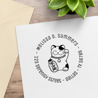 Japanse Gelukskat, Maneki Neko Ronde Adres 4 Rubberstempel