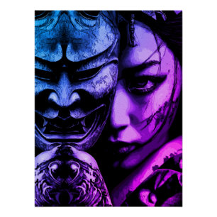 Japanse Gemaskerde Vrouw Donkere Tatoeage Realisme Perfect Poster