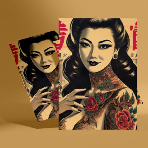 Japanse getatoeëerde pin-up briefkaart