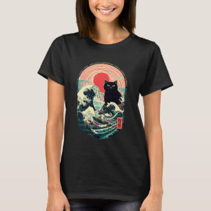 Japanse Golf Art Zwarte Kat Retro Zon Vintage T-shirt