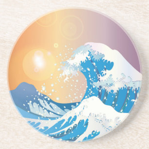 Japanse Golve Art Sunset Ocean Zandsteen Onderzetter