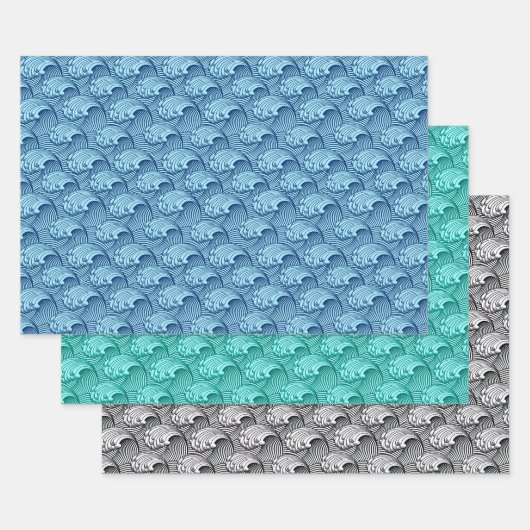  Japanse golven, Blue.Turquoise, Blk/White Inpakpapier Vel (Set)