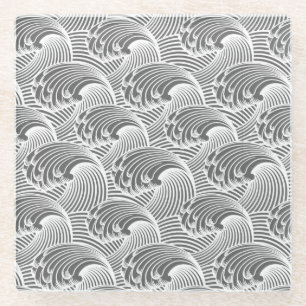  Japanse golven, grijs / grijs en wit  Glazen Onderzetter