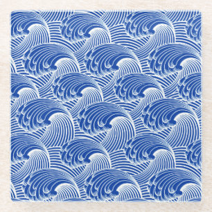 Japanse golven, kobalt blauw en wit Glazen Onderzetter