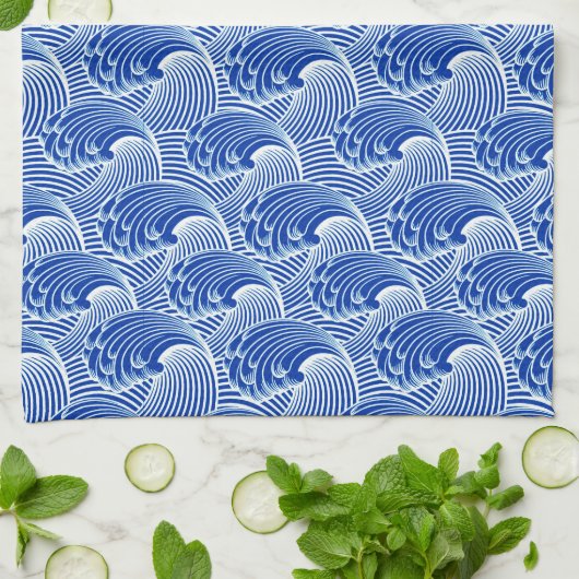 Japanse golven, kobalt blauw en wit Theedoek (Gevouwen)