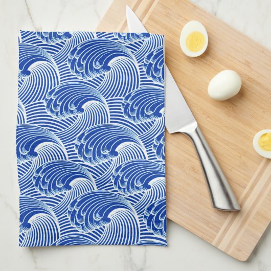  Japanse golven, kobalt blauw en wit Theedoek (Quarter Fold)