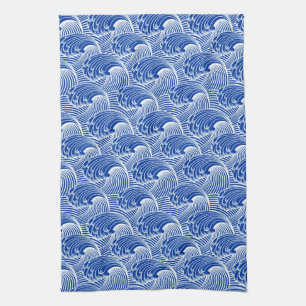 Japanse golven, kobalt blauw en wit Theedoek