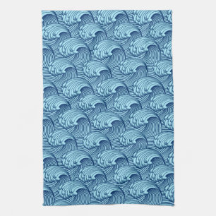 Japanse golven, marine en Sky Blue Theedoek